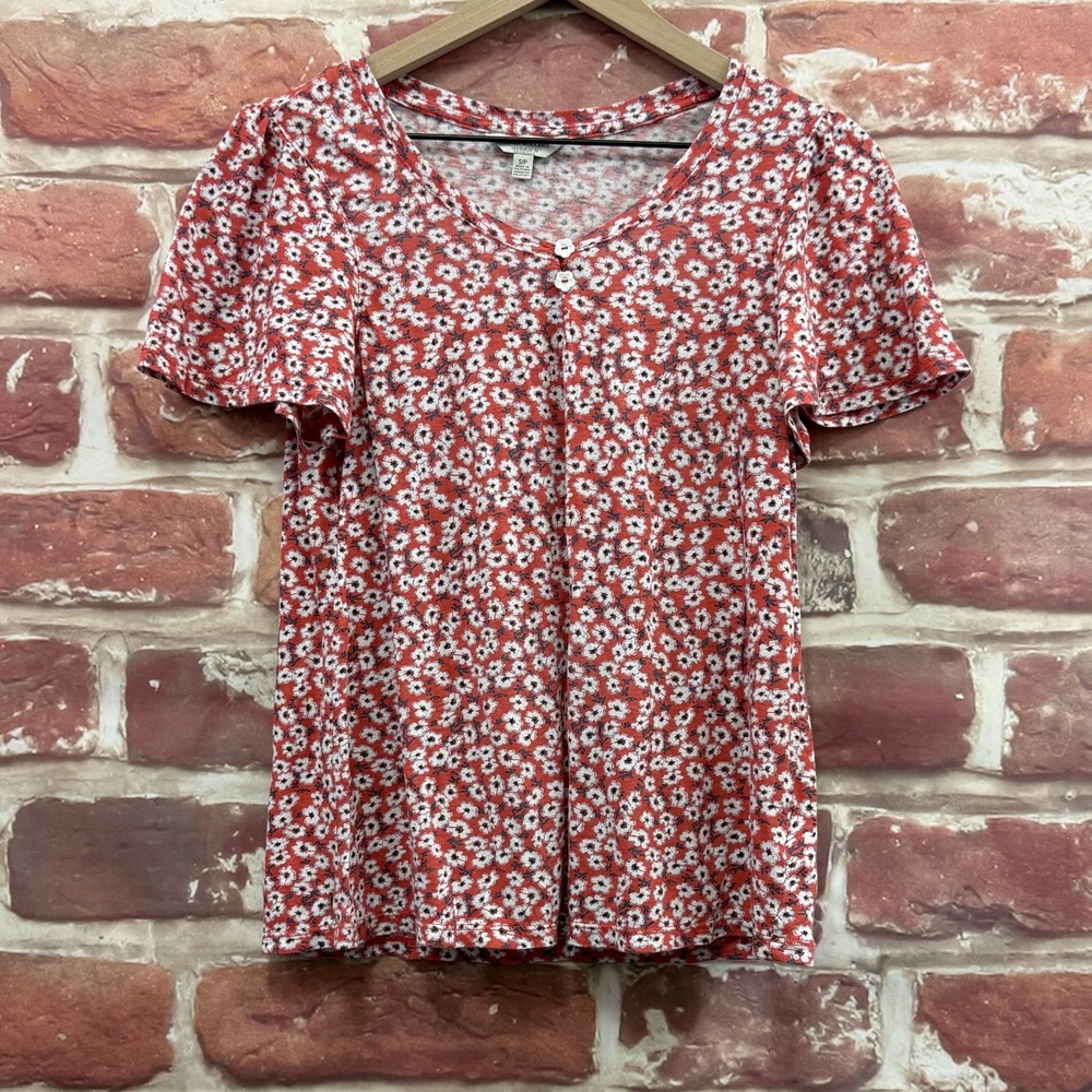 Lucky Brand T Shirt Women's Small Red Multicolor Cottage Ditsy Floral Casual Top